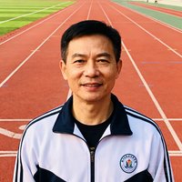 深圳南山外国语学校体育教研组组长王老师的正面半身照，穿着运动服站在操场跑道起点处