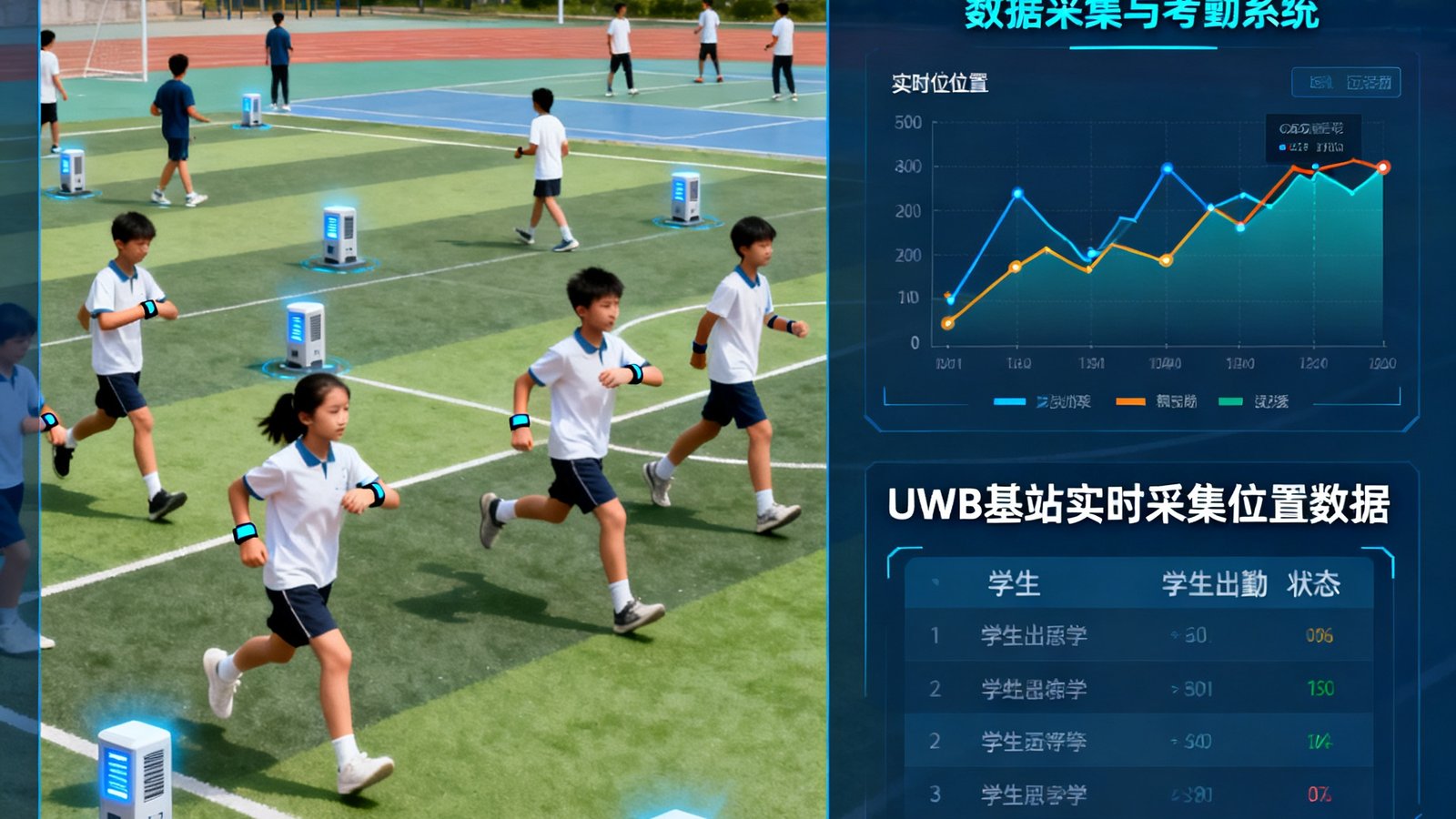 学生在操场上佩戴智能手环进行体育课考勤，系统通过UWB基站实时采集运动位置数据并自动标记出勤状态