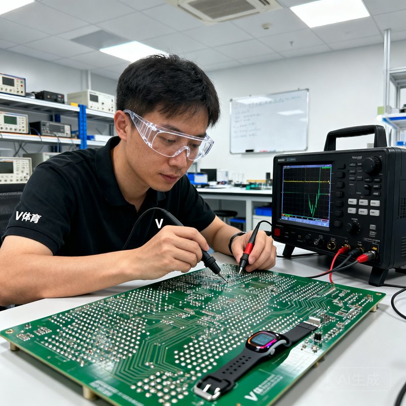 V体育硬件研发总监张浩宇，戴安全眼镜在实验室操作示波器测试运动手环电路板